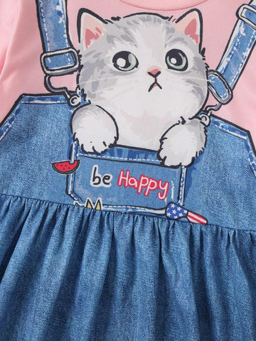 1pc Girls Casual Cat Graphic Denim-Like Patchwork Dress, Autumn 1pc Girls Casual Cat Graphic Denim-Like Patchwork Dress, Autumn
