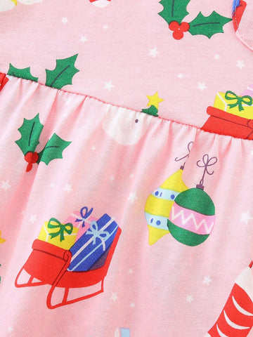 1pc Girls' Casual Christmas Print Round Neck A-Line Dress, Autumn 1pc Girls' Casual Christmas Print Round Neck A-Line Dress, Autumn