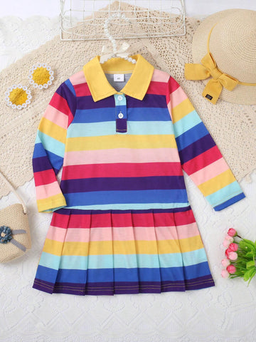 1pc Girls' Casual Colorful Striped Soft Comfortable Knitted Shirt Collar Pleated Dress, Autumn/Winter 1pc Girls' Casual Colorful Striped Soft Comfortable Knitted Shirt Collar Pleated Dress, Autumn/Winter