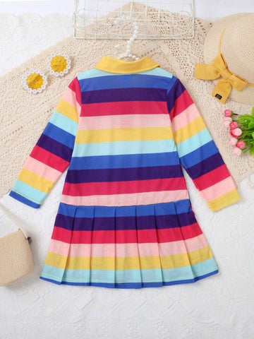 1pc Girls' Casual Colorful Striped Soft Comfortable Knitted Shirt Collar Pleated Dress, Autumn/Winter 1pc Girls' Casual Colorful Striped Soft Comfortable Knitted Shirt Collar Pleated Dress, Autumn/Winter