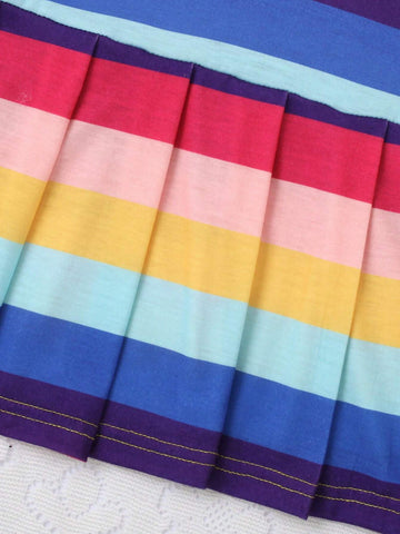 1pc Girls' Casual Colorful Striped Soft Comfortable Knitted Shirt Collar Pleated Dress, Autumn/Winter 1pc Girls' Casual Colorful Striped Soft Comfortable Knitted Shirt Collar Pleated Dress, Autumn/Winter