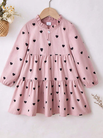 1pc Girls Casual Comfortable Pink Heart Pattern Crew Neck Long Sleeve Dress, Autumn/Winter 1pc Girls Casual Comfortable Pink Heart Pattern Crew Neck Long Sleeve Dress, Autumn/Winter