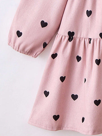 1pc Girls Casual Comfortable Pink Heart Pattern Crew Neck Long Sleeve Dress, Autumn/Winter 1pc Girls Casual Comfortable Pink Heart Pattern Crew Neck Long Sleeve Dress, Autumn/Winter
