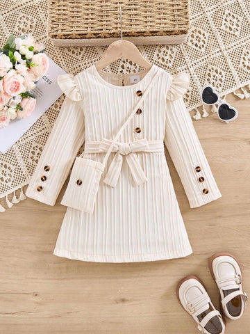 1pc Girls Casual Comfy Apricot Wave Striped Dress, Autumn Season 1pc Girls Casual Comfy Apricot Wave Striped Dress, Autumn Season