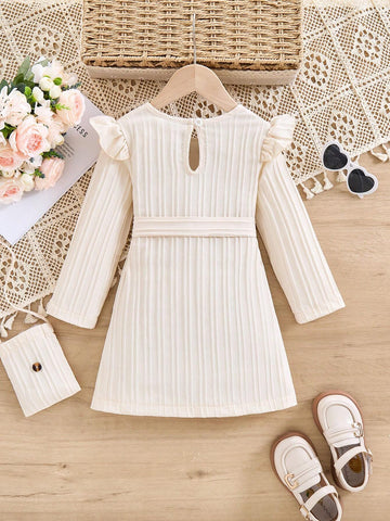 1pc Girls Casual Comfy Apricot Wave Striped Dress, Autumn Season 1pc Girls Casual Comfy Apricot Wave Striped Dress, Autumn Season
