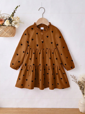 1pc Girls Casual Comfy Pink Heart Pattern Round Neck Long Sleeve Dress, Autumn/Winter 1pc Girls Casual Comfy Pink Heart Pattern Round Neck Long Sleeve Dress, Autumn/Winter