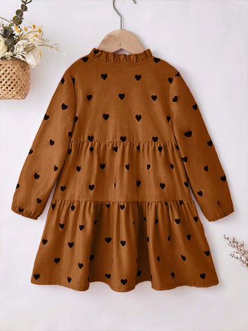 1pc Girls Casual Comfy Pink Heart Pattern Round Neck Long Sleeve Dress, Autumn/Winter 1pc Girls Casual Comfy Pink Heart Pattern Round Neck Long Sleeve Dress, Autumn/Winter