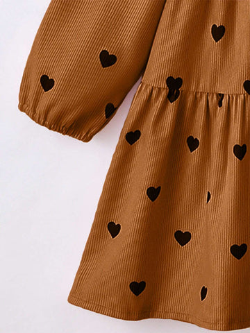 1pc Girls Casual Comfy Pink Heart Pattern Round Neck Long Sleeve Dress, Autumn/Winter 1pc Girls Casual Comfy Pink Heart Pattern Round Neck Long Sleeve Dress, Autumn/Winter