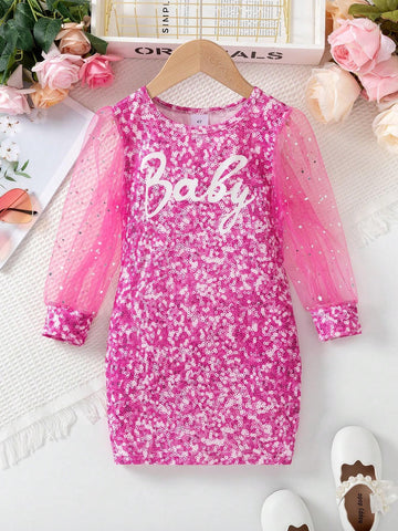 1pc Girls' Casual Crew Neck Faux Pearl Beaded & Mesh Print Long Sleeve Dress 1pc Girls' Casual Crew Neck Faux Pearl Beaded & Mesh Print Long Sleeve Dress