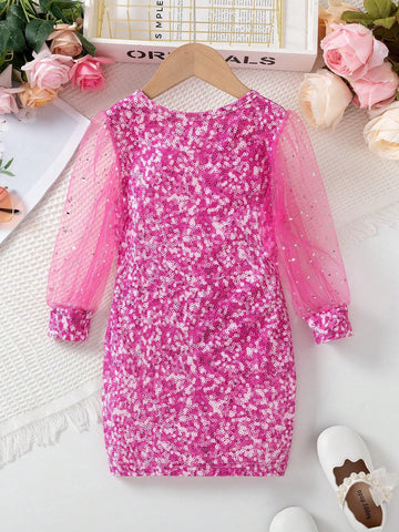 1pc Girls' Casual Crew Neck Faux Pearl Beaded & Mesh Print Long Sleeve Dress 1pc Girls' Casual Crew Neck Faux Pearl Beaded & Mesh Print Long Sleeve Dress