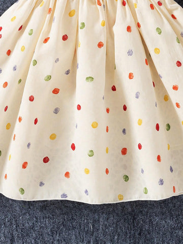 1pc Girls' Casual Digital Print Round Dot Pattern Top With Ruffle Hem & Sleeve, Plus Bag With Lining, Summer 1pc Girls' Casual Digital Print Round Dot Pattern Top With Ruffle Hem & Sleeve, Plus Bag With Lining, Summer