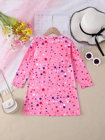 1pc Girls Casual Floral Circle All-Over Print Dress, Autumn 1pc Girls Casual Floral Circle All-Over Print Dress, Autumn