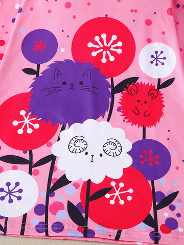 1pc Girls Casual Floral Circle All-Over Print Dress, Autumn 1pc Girls Casual Floral Circle All-Over Print Dress, Autumn