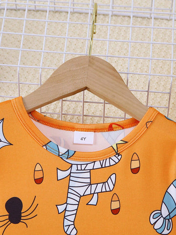 1pc Girls Casual Halloween Ghost Spider Pumpkin Candy Print Soft Knit Long Sleeve Dress, Autumn/Winter 1pc Girls Casual Halloween Ghost Spider Pumpkin Candy Print Soft Knit Long Sleeve Dress, Autumn/Winter