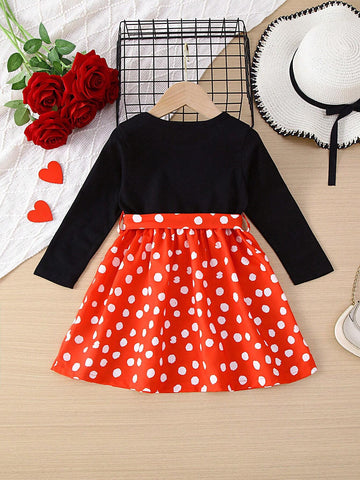 1pc Girls Casual Heart Print Patchwork Bow Tie Red Dot Dress For Autumn 1pc Girls Casual Heart Print Patchwork Bow Tie Red Dot Dress For Autumn