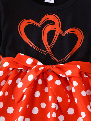 1pc Girls Casual Heart Print Patchwork Bow Tie Red Dot Dress For Autumn 1pc Girls Casual Heart Print Patchwork Bow Tie Red Dot Dress For Autumn