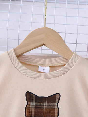 1pc Girls Casual "My Cat" Letter Bow Cat Graphic Soft Knit Long Sleeve Sweatshirt Plaid Dress, Autumn/Winter 1pc Girls Casual "My Cat" Letter Bow Cat Graphic Soft Knit Long Sleeve Sweatshirt Plaid Dress, Autumn/Winter