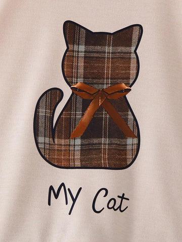 1pc Girls Casual "My Cat" Letter Bow Cat Graphic Soft Knit Long Sleeve Sweatshirt Plaid Dress, Autumn/Winter 1pc Girls Casual "My Cat" Letter Bow Cat Graphic Soft Knit Long Sleeve Sweatshirt Plaid Dress, Autumn/Winter