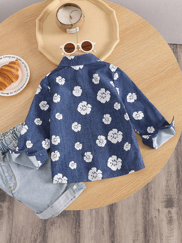 1pc Girls Casual Navy Faux Denim Floral Print Contrast Color Pocket Long Sleeve Shirt, Fall Twinning Set 1pc Girls Casual Navy Faux Denim Floral Print Contrast Color Pocket Long Sleeve Shirt, Fall Twinning Set