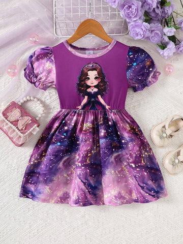 1pc Girls Casual Princess Printed Pattern Dress, Spring & Summer 1pc Girls Casual Princess Printed Pattern Dress, Spring & Summer