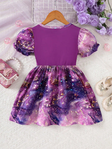 1pc Girls Casual Princess Printed Pattern Dress, Spring & Summer 1pc Girls Casual Princess Printed Pattern Dress, Spring & Summer
