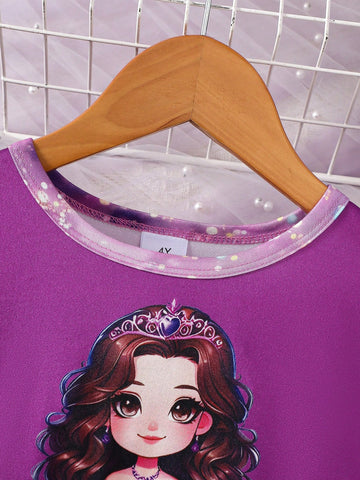 1pc Girls Casual Princess Printed Pattern Dress, Spring & Summer 1pc Girls Casual Princess Printed Pattern Dress, Spring & Summer