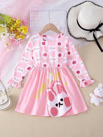 1pc Girls Casual Rabbit, Peach, PLAY Print Graphic Dress, Autumn 1pc Girls Casual Rabbit, Peach, PLAY Print Graphic Dress, Autumn