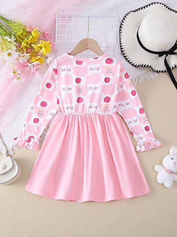 1pc Girls Casual Rabbit, Peach, PLAY Print Graphic Dress, Autumn 1pc Girls Casual Rabbit, Peach, PLAY Print Graphic Dress, Autumn