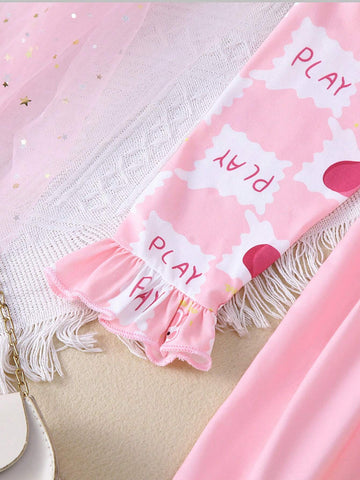 1pc Girls Casual Rabbit, Peach, PLAY Print Graphic Dress, Autumn 1pc Girls Casual Rabbit, Peach, PLAY Print Graphic Dress, Autumn