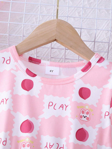 1pc Girls Casual Rabbit, Peach, PLAY Print Graphic Dress, Autumn 1pc Girls Casual Rabbit, Peach, PLAY Print Graphic Dress, Autumn
