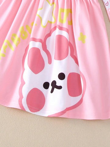 1pc Girls Casual Rabbit, Peach, PLAY Print Graphic Dress, Autumn 1pc Girls Casual Rabbit, Peach, PLAY Print Graphic Dress, Autumn