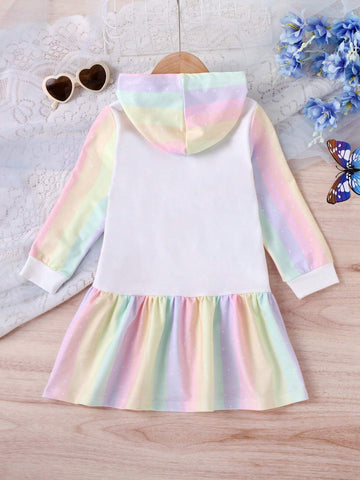 1pc Girls Casual Rainbow Cute Cat Rainbow Stripe Pattern Soft Comfy Knit Fabric Hooded Long Sleeve Dress, Autumn/Winter 1pc Girls Casual Rainbow Cute Cat Rainbow Stripe Pattern Soft Comfy Knit Fabric Hooded Long Sleeve Dress, Autumn/Winter