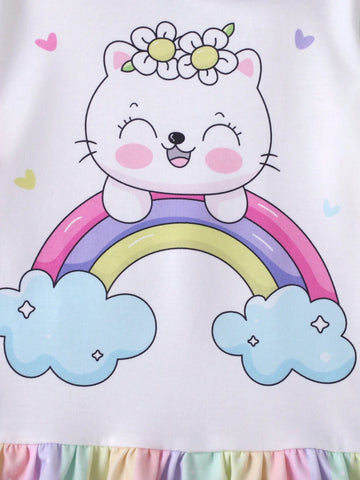 1pc Girls Casual Rainbow Cute Cat Rainbow Stripe Pattern Soft Comfy Knit Fabric Hooded Long Sleeve Dress, Autumn/Winter 1pc Girls Casual Rainbow Cute Cat Rainbow Stripe Pattern Soft Comfy Knit Fabric Hooded Long Sleeve Dress, Autumn/Winter