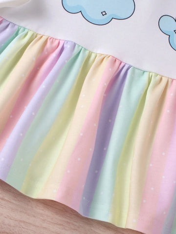 1pc Girls Casual Rainbow Cute Cat Rainbow Stripe Pattern Soft Comfy Knit Fabric Hooded Long Sleeve Dress, Autumn/Winter 1pc Girls Casual Rainbow Cute Cat Rainbow Stripe Pattern Soft Comfy Knit Fabric Hooded Long Sleeve Dress, Autumn/Winter