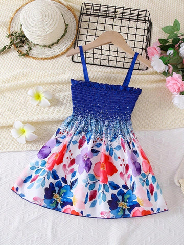 1pc Girls Casual Rhinestone Big Floral Printed Slip Dress, Summer 1pc Girls Casual Rhinestone Big Floral Printed Slip Dress, Summer