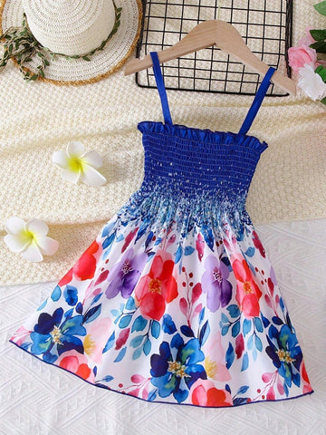 1pc Girls Casual Rhinestone Big Floral Printed Slip Dress, Summer 1pc Girls Casual Rhinestone Big Floral Printed Slip Dress, Summer