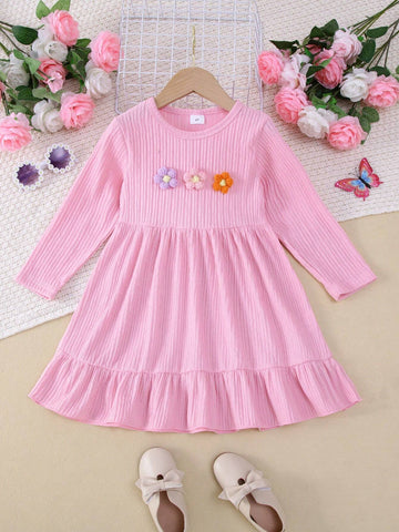 1pc Girls' Casual Solid Color Mini Floral Dress, Autumn 1pc Girls' Casual Solid Color Mini Floral Dress, Autumn
