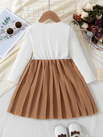 1pc Girls Casual Solid + Striped Patchwork Long Sleeve Round Neck Floral Embroidery Pleated Hem Dress, Spring/Autumn 1pc Girls Casual Solid + Striped Patchwork Long Sleeve Round Neck Floral Embroidery Pleated Hem Dress, Spring/Autumn