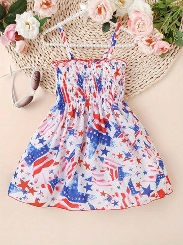 1pc Girls" Casual Star And Stripes Print Wrap Cami Dress For Independence Day, Summer 1pc Girls" Casual Star And Stripes Print Wrap Cami Dress For Independence Day, Summer