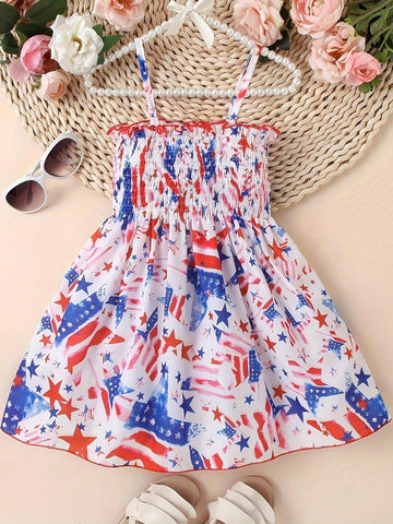 1pc Girls" Casual Star And Stripes Print Wrap Cami Dress For Independence Day, Summer 1pc Girls" Casual Star And Stripes Print Wrap Cami Dress For Independence Day, Summer