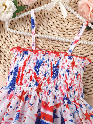 1pc Girls" Casual Star And Stripes Print Wrap Cami Dress For Independence Day, Summer 1pc Girls" Casual Star And Stripes Print Wrap Cami Dress For Independence Day, Summer