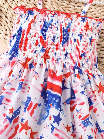 1pc Girls" Casual Star And Stripes Print Wrap Cami Dress For Independence Day, Summer 1pc Girls" Casual Star And Stripes Print Wrap Cami Dress For Independence Day, Summer
