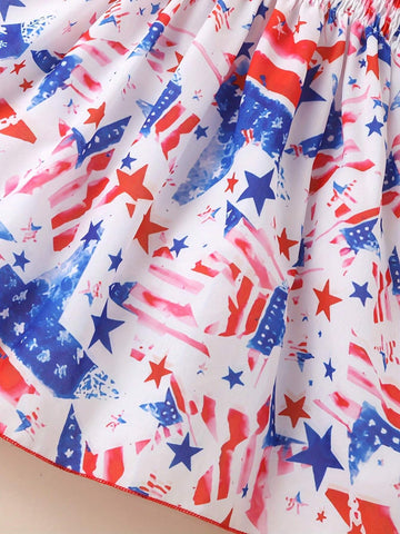 1pc Girls" Casual Star And Stripes Print Wrap Cami Dress For Independence Day, Summer 1pc Girls" Casual Star And Stripes Print Wrap Cami Dress For Independence Day, Summer