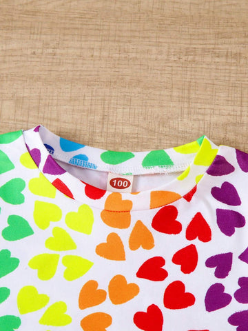 1pc Girls" Casual Style Colorful Heart Pattern Short Sleeve Lightweight Knitted T-Shirt For Summer 1pc Girls" Casual Style Colorful Heart Pattern Short Sleeve Lightweight Knitted T-Shirt For Summer