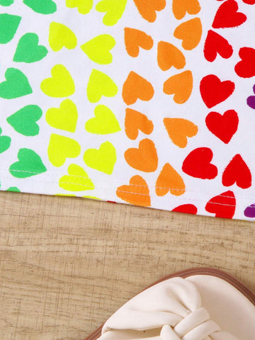1pc Girls" Casual Style Colorful Heart Pattern Short Sleeve Lightweight Knitted T-Shirt For Summer 1pc Girls" Casual Style Colorful Heart Pattern Short Sleeve Lightweight Knitted T-Shirt For Summer