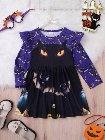 1pc Girls' Casual Style Halloween Black Cat & Bat Pattern Knit Soft Comfy Round Neck Ruffle Long Sleeve Dress For Fall Winter 1pc Girls' Casual Style Halloween Black Cat & Bat Pattern Knit Soft Comfy Round Neck Ruffle Long Sleeve Dress For Fall Winter