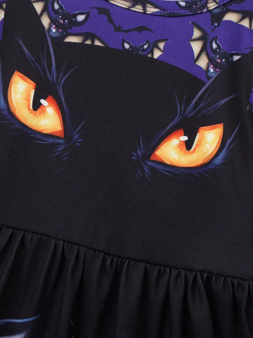 1pc Girls' Casual Style Halloween Black Cat & Bat Pattern Knit Soft Comfy Round Neck Ruffle Long Sleeve Dress For Fall Winter 1pc Girls' Casual Style Halloween Black Cat & Bat Pattern Knit Soft Comfy Round Neck Ruffle Long Sleeve Dress For Fall Winter