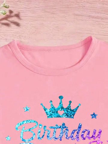 1pc Girls" Casual Style Sequin Pattern T-Shirt, Non-Real Sequins, Short Sleeve Lightweight Knit Tee With Stylish English Birthday Crowns And Patterns, Birthday Edition, Summer 1pc Girls" Casual Style Sequin Pattern T-Shirt, Non-Real Sequins, Short Sleeve Lightweight Knit Tee With Stylish English Birthday Crowns And Patterns, Birthday Edition, Summer