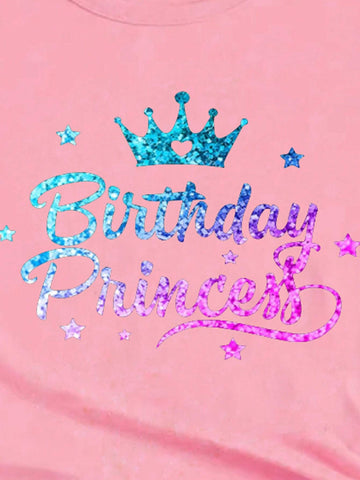 1pc Girls" Casual Style Sequin Pattern T-Shirt, Non-Real Sequins, Short Sleeve Lightweight Knit Tee With Stylish English Birthday Crowns And Patterns, Birthday Edition, Summer 1pc Girls" Casual Style Sequin Pattern T-Shirt, Non-Real Sequins, Short Sleeve Lightweight Knit Tee With Stylish English Birthday Crowns And Patterns, Birthday Edition, Summer