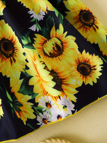 1pc Girls' Casual Sunflower Pattern Short Sleeve Halter Woven Summer Dress 1pc Girls' Casual Sunflower Pattern Short Sleeve Halter Woven Summer Dress